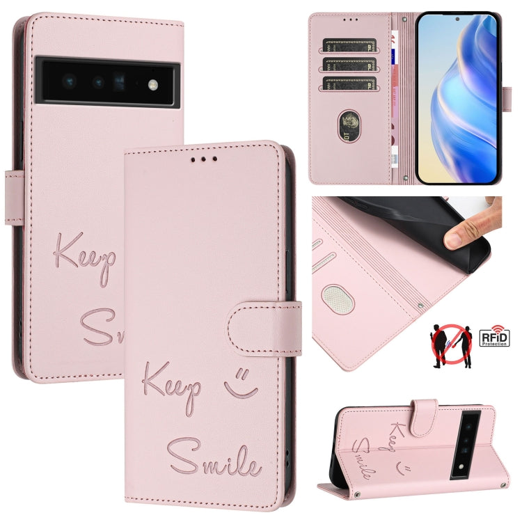 Smile Embossing RFID Leather Phone Case, For Google Pixel 8 Pro, For Google Pixel 8, For Google Pixel 7a, For Google Pixel 7 Pro, For Google Pixel 7, For Google Pixel 6a, For Google Pixel 6 Pro, For Google Pixel 6