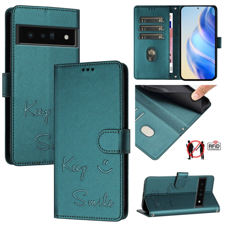 Smile Embossing RFID Leather Phone Case, For Google Pixel 8 Pro, For Google Pixel 8, For Google Pixel 7a, For Google Pixel 7 Pro, For Google Pixel 7, For Google Pixel 6a, For Google Pixel 6 Pro, For Google Pixel 6