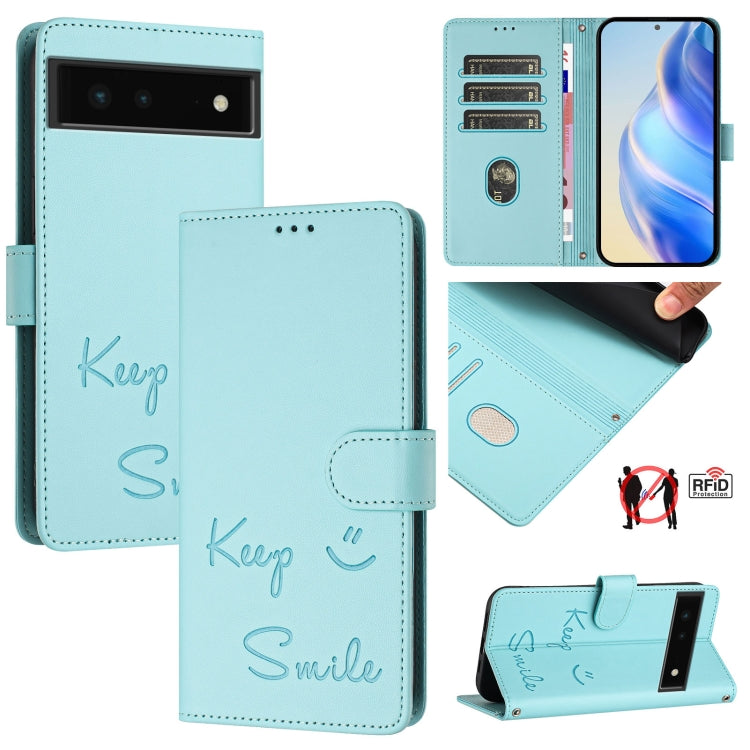 Smile Embossing RFID Leather Phone Case, For Google Pixel 8 Pro, For Google Pixel 8, For Google Pixel 7a, For Google Pixel 7 Pro, For Google Pixel 7, For Google Pixel 6a, For Google Pixel 6 Pro, For Google Pixel 6