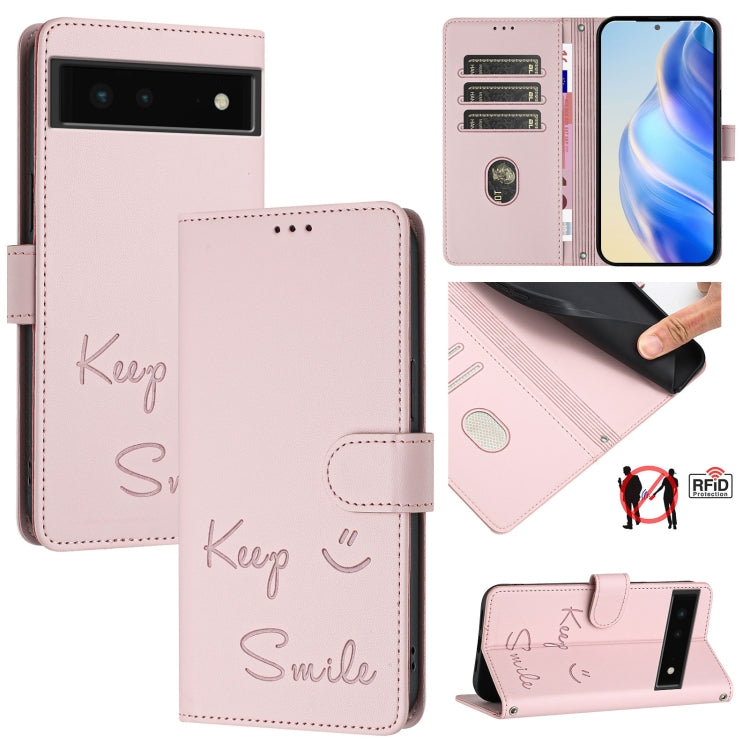 Smile Embossing RFID Leather Phone Case, For Google Pixel 8 Pro, For Google Pixel 8, For Google Pixel 7a, For Google Pixel 7 Pro, For Google Pixel 7, For Google Pixel 6a, For Google Pixel 6 Pro, For Google Pixel 6