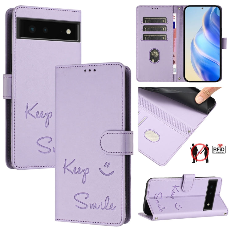 Smile Embossing RFID Leather Phone Case, For Google Pixel 8 Pro, For Google Pixel 8, For Google Pixel 7a, For Google Pixel 7 Pro, For Google Pixel 7, For Google Pixel 6a, For Google Pixel 6 Pro, For Google Pixel 6