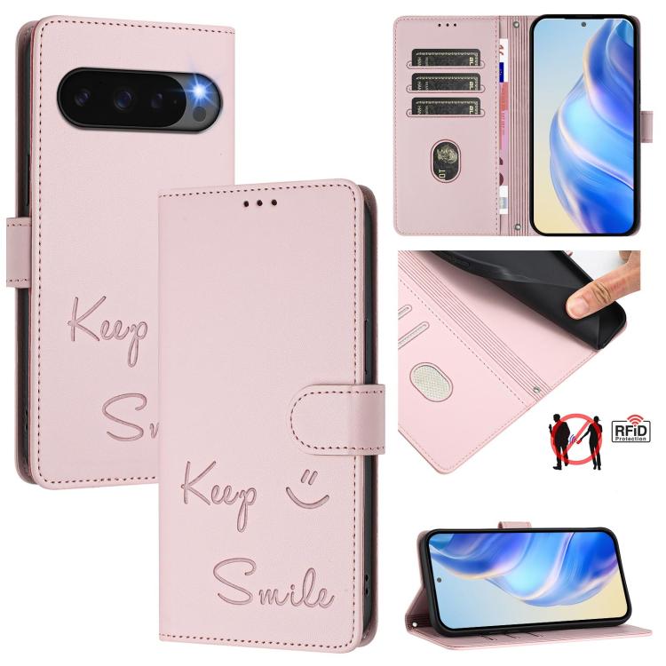 Smile Embossing RFID Leather Phone Case, For Google Pixel 11 Pro XL, For Google Pixel 11 Pro / 11, For Google Pixel 10 Pro XL 5G Global, For Google Pixel 10 5G / 10 Pro 5G Global, For Google Pixel 9a, For Google Pixel 9 Pro XL                          ...