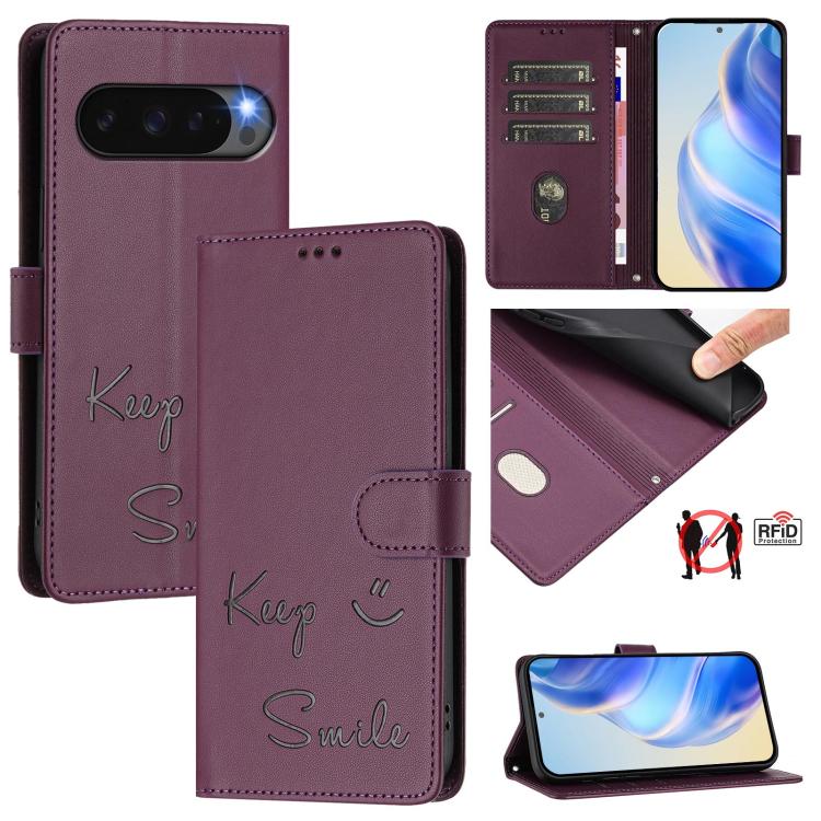 Smile Embossing RFID Leather Phone Case, For Google Pixel 11 Pro XL, For Google Pixel 11 Pro / 11, For Google Pixel 10 Pro XL 5G Global, For Google Pixel 10 5G / 10 Pro 5G Global, For Google Pixel 9a, For Google Pixel 9 Pro XL                          ...