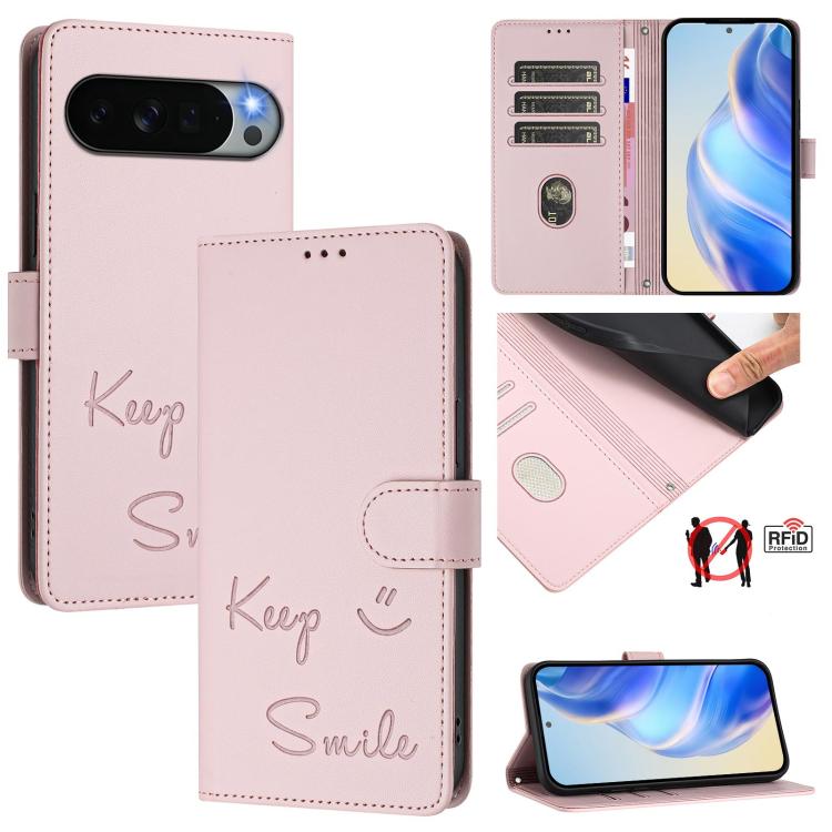 Smile Embossing RFID Leather Phone Case, For Google Pixel 11 Pro XL, For Google Pixel 11 Pro / 11, For Google Pixel 10 Pro XL 5G Global, For Google Pixel 10 5G / 10 Pro 5G Global, For Google Pixel 9a, For Google Pixel 9 Pro XL                          ...