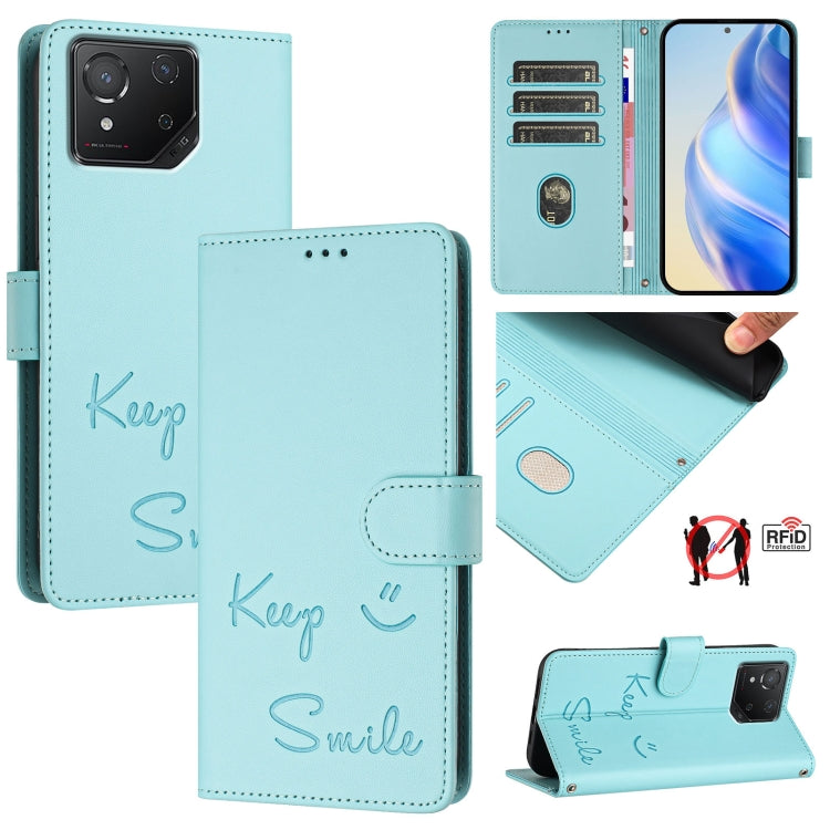 Smile Embossing RFID Leather Phone Case, For Asus Zenfone 12 Ultra, For Asus ROG Phone 9 / 9 Pro, For Asus Zenfone 11 Ultra, For Asus ROG Phone 8 / 8 Pro