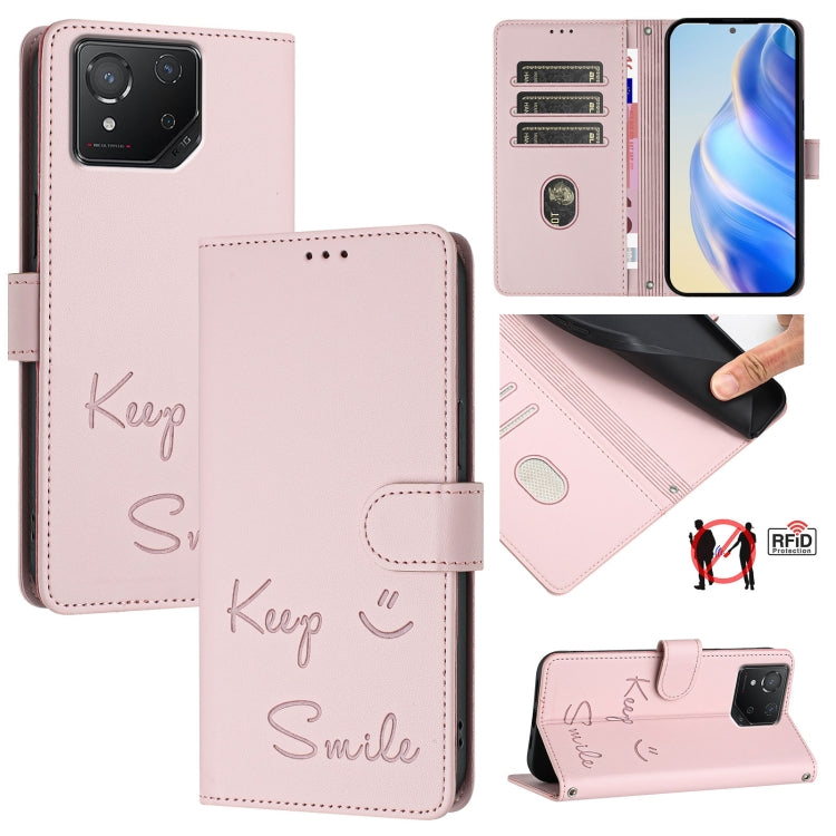 Smile Embossing RFID Leather Phone Case, For Asus Zenfone 12 Ultra, For Asus ROG Phone 9 / 9 Pro, For Asus Zenfone 11 Ultra, For Asus ROG Phone 8 / 8 Pro