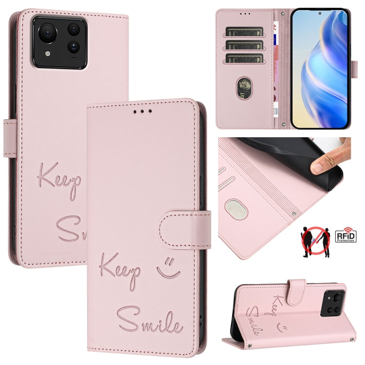Smile Embossing RFID Leather Phone Case, For Asus Zenfone 12 Ultra, For Asus ROG Phone 9 / 9 Pro, For Asus Zenfone 11 Ultra, For Asus ROG Phone 8 / 8 Pro