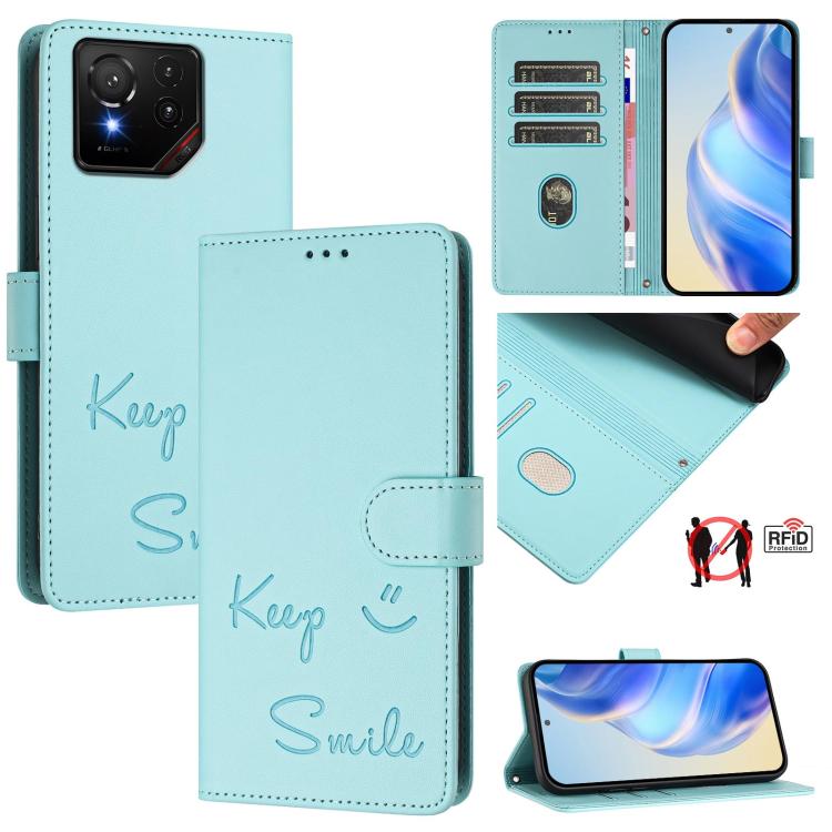 Smile Embossing RFID Leather Phone Case, For Asus Zenfone 12 Ultra, For Asus ROG Phone 9 / 9 Pro, For Asus Zenfone 11 Ultra, For Asus ROG Phone 8 / 8 Pro