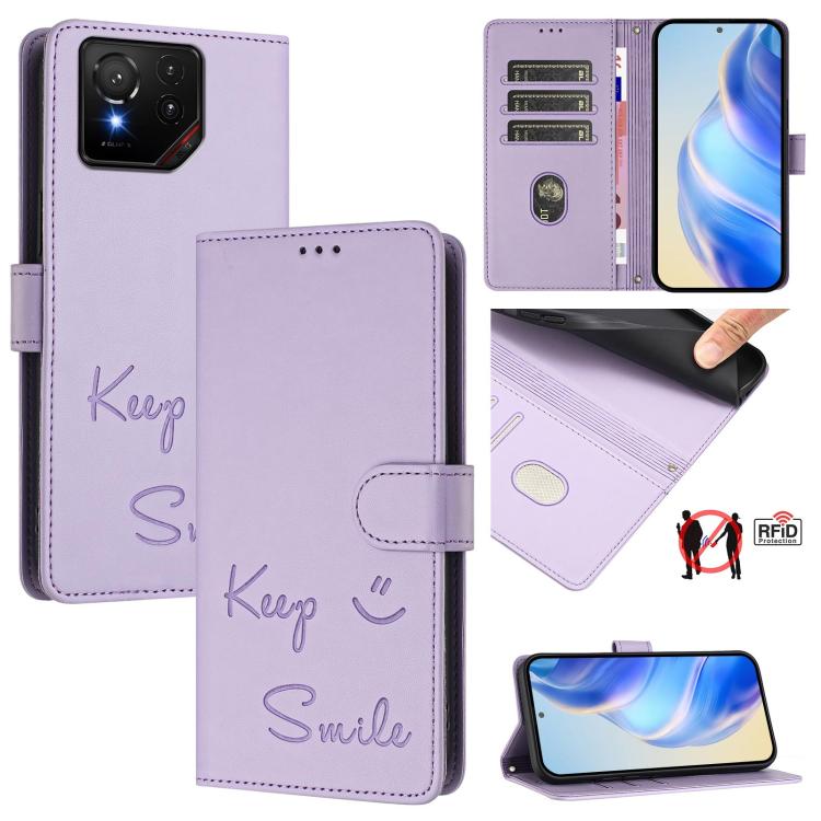Smile Embossing RFID Leather Phone Case, For Asus Zenfone 12 Ultra, For Asus ROG Phone 9 / 9 Pro, For Asus Zenfone 11 Ultra, For Asus ROG Phone 8 / 8 Pro