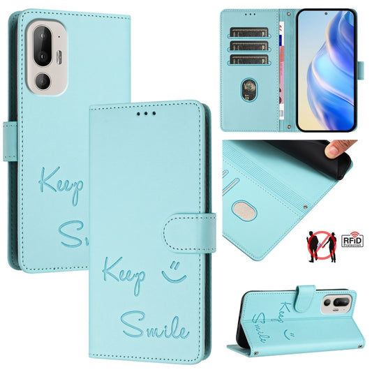 Smile Embossing RFID Leather Phone Case, For HTC U24 Pro