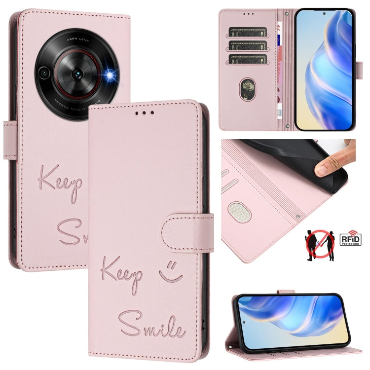 Smile Embossing RFID Leather Phone Case, For ZTE Blade V70 Design, For ZTE Blade A35 Lite, For ZTE Blade V70, For ZTE Blade V60 Vita, For ZTE Blade A75 5G, For ZTE Blade A75 4G, For ZTE Blade V60 / Axon 60 4G, For ZTE nubia Z60 Ultra