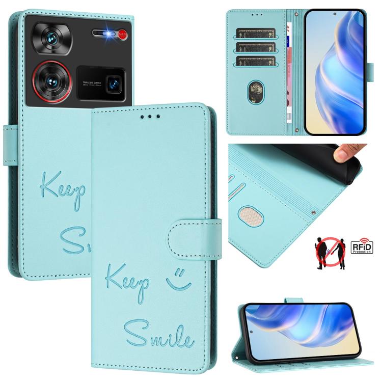 Smile Embossing RFID Leather Phone Case, For ZTE Blade V70 Design, For ZTE Blade A35 Lite, For ZTE Blade V70, For ZTE Blade V60 Vita, For ZTE Blade A75 5G, For ZTE Blade A75 4G, For ZTE Blade V60 / Axon 60 4G, For ZTE nubia Z60 Ultra