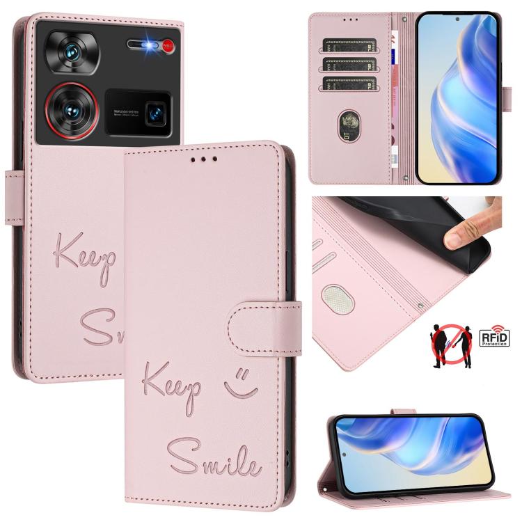 Smile Embossing RFID Leather Phone Case, For ZTE Blade V70 Design, For ZTE Blade A35 Lite, For ZTE Blade V70, For ZTE Blade V60 Vita, For ZTE Blade A75 5G, For ZTE Blade A75 4G, For ZTE Blade V60 / Axon 60 4G, For ZTE nubia Z60 Ultra