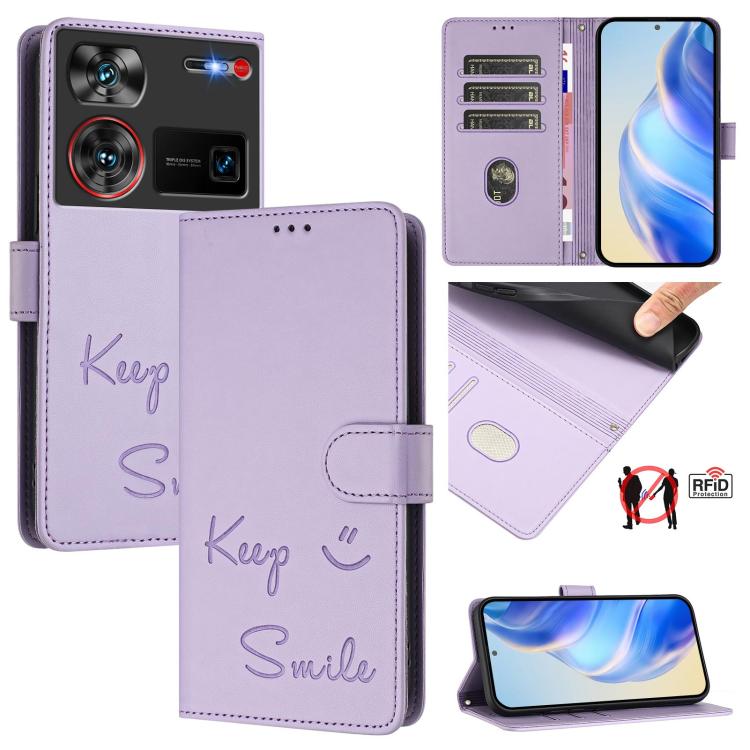 Smile Embossing RFID Leather Phone Case, For ZTE Blade V70 Design, For ZTE Blade A35 Lite, For ZTE Blade V70, For ZTE Blade V60 Vita, For ZTE Blade A75 5G, For ZTE Blade A75 4G, For ZTE Blade V60 / Axon 60 4G, For ZTE nubia Z60 Ultra