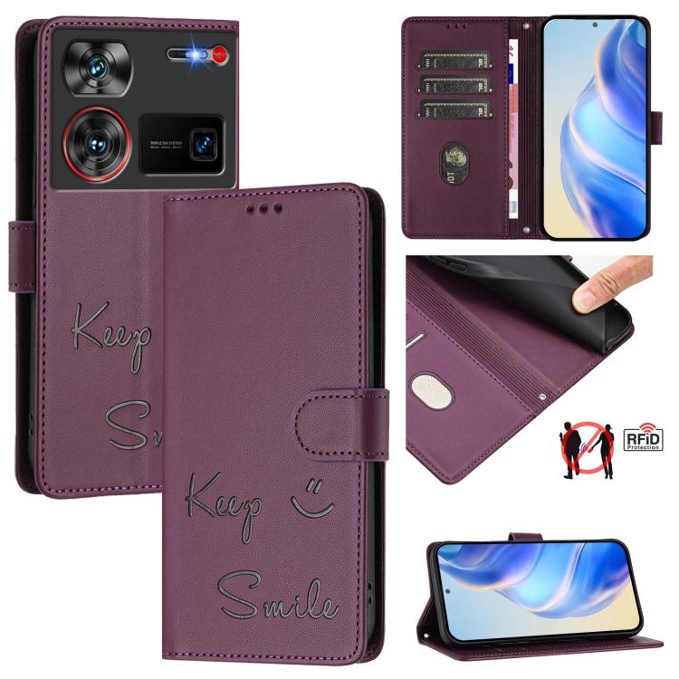 Smile Embossing RFID Leather Phone Case, For ZTE Blade V70 Design, For ZTE Blade A35 Lite, For ZTE Blade V70, For ZTE Blade V60 Vita, For ZTE Blade A75 5G, For ZTE Blade A75 4G, For ZTE Blade V60 / Axon 60 4G, For ZTE nubia Z60 Ultra