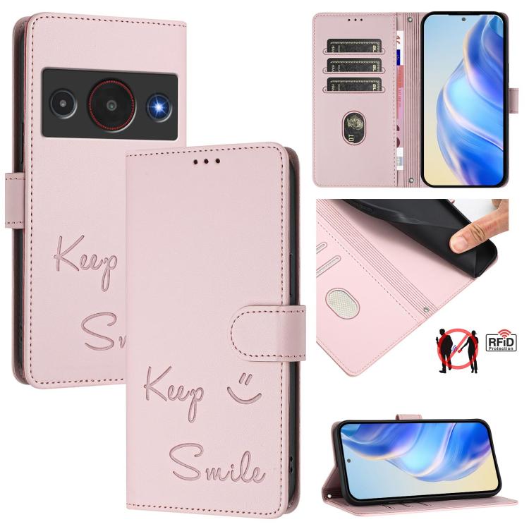 Smile Embossing RFID Leather Phone Case, For ZTE nubia Neo 5 5G, For ZTE nubia Neo 5 GT 5G, For ZTE Optus X Value 5G, For ZTE Optus X Pro 2 5G, For ZTE nubia RedMagic 11 Air, For ZTE A75 Pro / Telstra T-Elite 5G, For ZTE Blade A76 4G                   ...