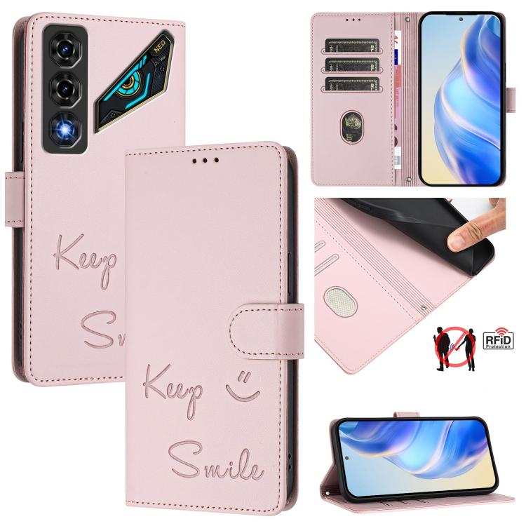 Smile Embossing RFID Leather Phone Case, For ZTE nubia Neo 5 5G, For ZTE nubia Neo 5 GT 5G, For ZTE Optus X Value 5G, For ZTE Optus X Pro 2 5G, For ZTE nubia RedMagic 11 Air, For ZTE A75 Pro / Telstra T-Elite 5G, For ZTE Blade A76 4G                   ...