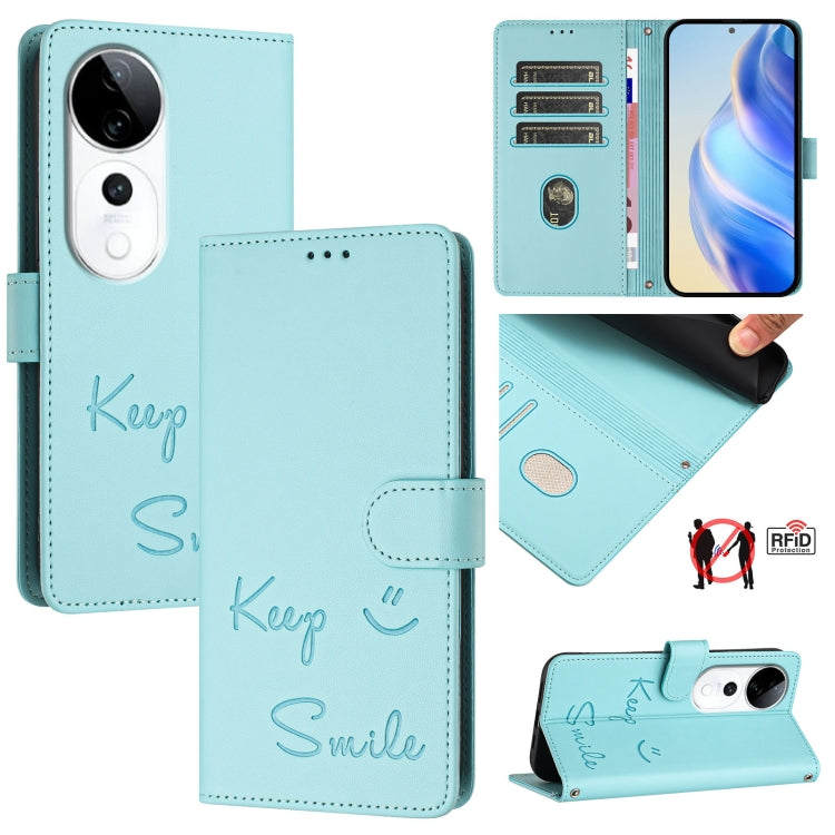 Smile Embossing RFID Leather Phone Case, For vivo S20 5G, For vivo S20 Pro 5G, For vivo V40 Lite 5G IDN, For vivo V40e 5G India, For vivo Y300 Pro, For vivo iQOO Z9s Pro 5G India, For vivo S19 Pro, For vivo S19