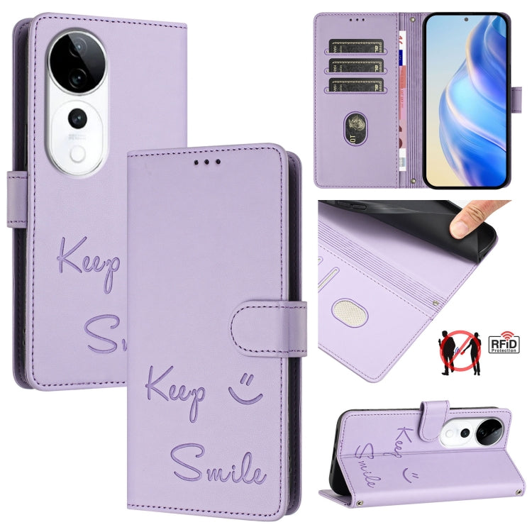 Smile Embossing RFID Leather Phone Case, For vivo S20 5G, For vivo S20 Pro 5G, For vivo V40 Lite 5G IDN, For vivo V40e 5G India, For vivo Y300 Pro, For vivo iQOO Z9s Pro 5G India, For vivo S19 Pro, For vivo S19