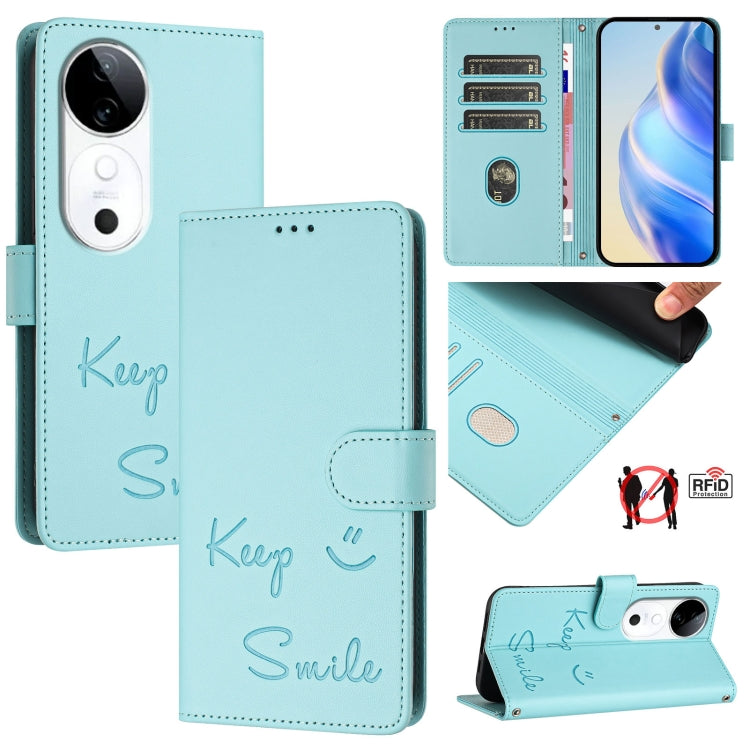 Smile Embossing RFID Leather Phone Case, For vivo S20 5G, For vivo S20 Pro 5G, For vivo V40 Lite 5G IDN, For vivo V40e 5G India, For vivo Y300 Pro, For vivo iQOO Z9s Pro 5G India, For vivo S19 Pro, For vivo S19