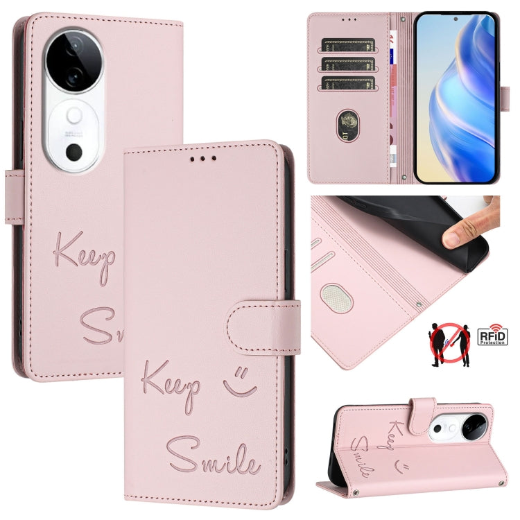 Smile Embossing RFID Leather Phone Case, For vivo S20 5G, For vivo S20 Pro 5G, For vivo V40 Lite 5G IDN, For vivo V40e 5G India, For vivo Y300 Pro, For vivo iQOO Z9s Pro 5G India, For vivo S19 Pro, For vivo S19