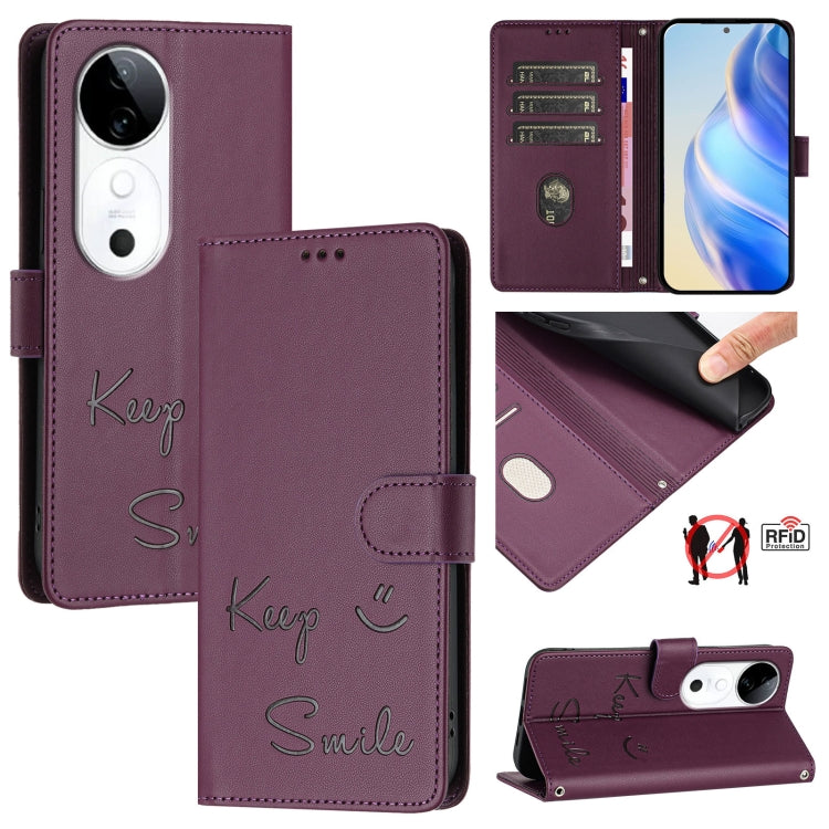Smile Embossing RFID Leather Phone Case, For vivo S20 5G, For vivo S20 Pro 5G, For vivo V40 Lite 5G IDN, For vivo V40e 5G India, For vivo Y300 Pro, For vivo iQOO Z9s Pro 5G India, For vivo S19 Pro, For vivo S19