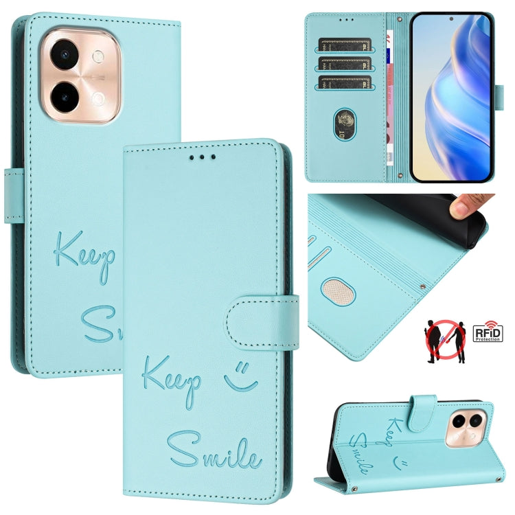 Smile Embossing RFID Leather Phone Case, For vivo Y28 4G, For vivo Y38 5G, For vivo Y20 / Y20i / Y20S / Y11S, For vivo Y12S / iQOO U1x, For vivo Y20A / Y20G / Y12A, For vivo Y03 4G Global, For vivo Y100 5G IDN, For vivo Y200E 5G Global