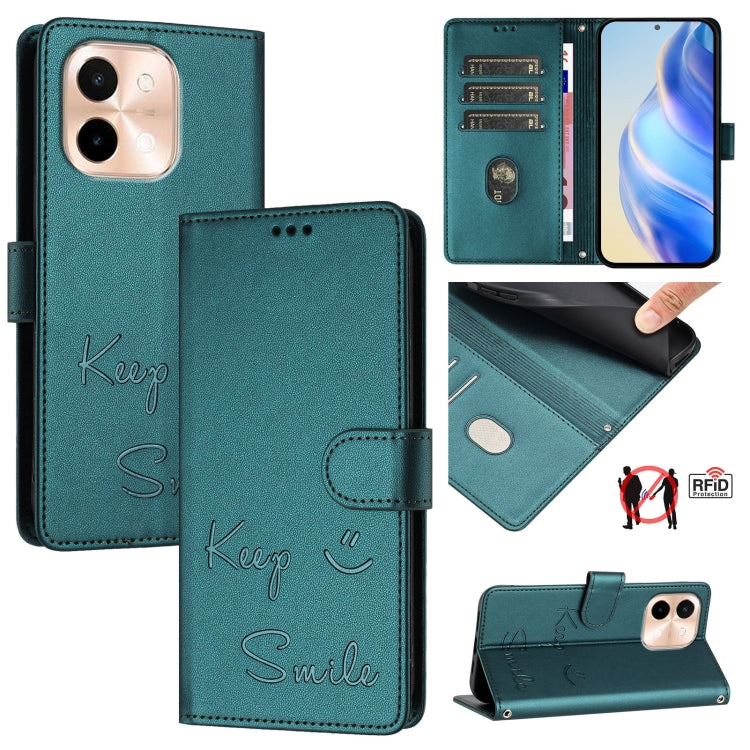 Smile Embossing RFID Leather Phone Case, For vivo Y28 4G, For vivo Y38 5G, For vivo Y20 / Y20i / Y20S / Y11S, For vivo Y12S / iQOO U1x, For vivo Y20A / Y20G / Y12A, For vivo Y03 4G Global, For vivo Y100 5G IDN, For vivo Y200E 5G Global