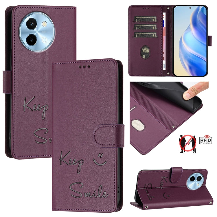 Smile Embossing RFID Leather Phone Case, For vivo Y28 4G, For vivo Y38 5G, For vivo Y20 / Y20i / Y20S / Y11S, For vivo Y12S / iQOO U1x, For vivo Y20A / Y20G / Y12A, For vivo Y03 4G Global, For vivo Y100 5G IDN, For vivo Y200E 5G Global