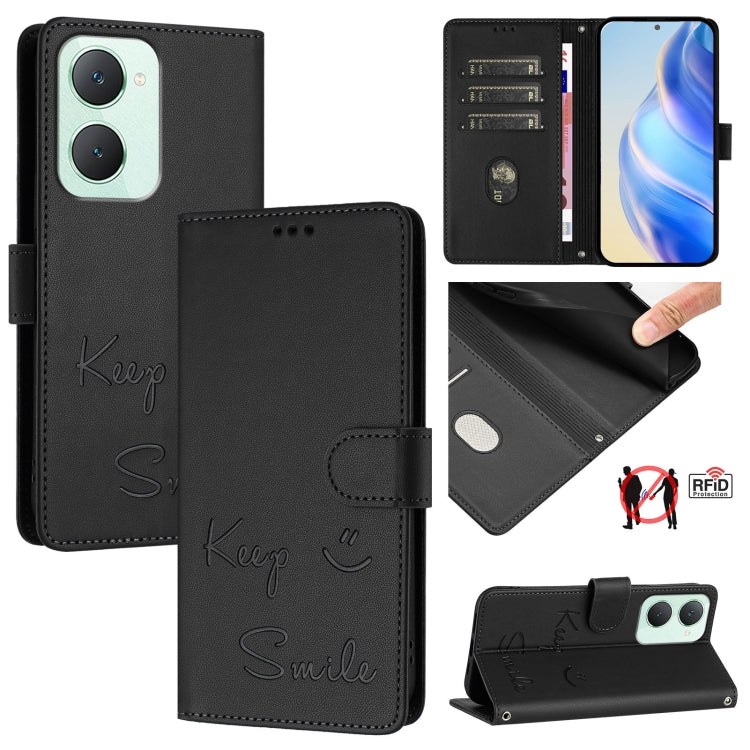 Smile Embossing RFID Leather Phone Case, For vivo Y28 4G, For vivo Y38 5G, For vivo Y20 / Y20i / Y20S / Y11S, For vivo Y12S / iQOO U1x, For vivo Y20A / Y20G / Y12A, For vivo Y03 4G Global, For vivo Y100 5G IDN, For vivo Y200E 5G Global