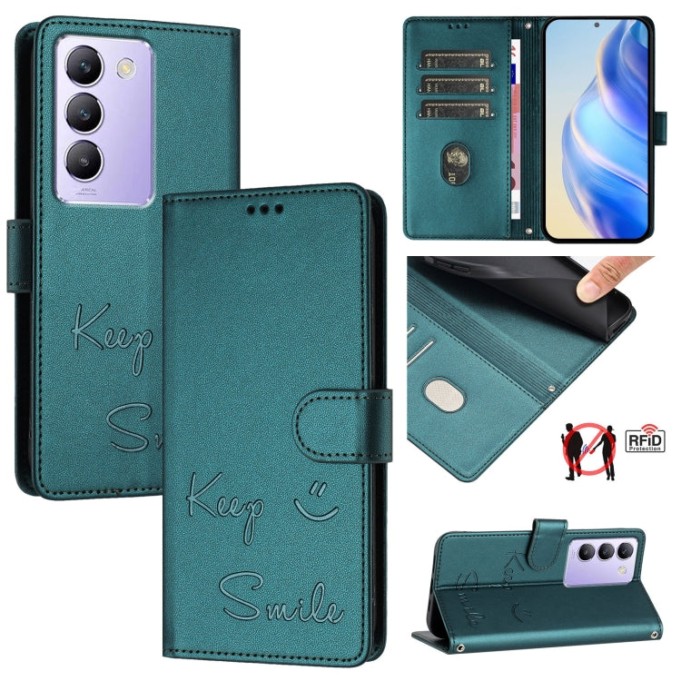 Smile Embossing RFID Leather Phone Case, For vivo Y28 4G, For vivo Y38 5G, For vivo Y20 / Y20i / Y20S / Y11S, For vivo Y12S / iQOO U1x, For vivo Y20A / Y20G / Y12A, For vivo Y03 4G Global, For vivo Y100 5G IDN, For vivo Y200E 5G Global