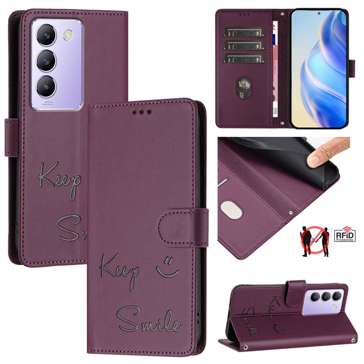 Smile Embossing RFID Leather Phone Case, For vivo Y28 4G, For vivo Y38 5G, For vivo Y20 / Y20i / Y20S / Y11S, For vivo Y12S / iQOO U1x, For vivo Y20A / Y20G / Y12A, For vivo Y03 4G Global, For vivo Y100 5G IDN, For vivo Y200E 5G Global