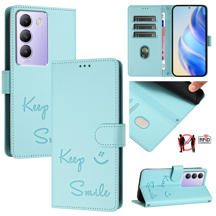 Smile Embossing RFID Leather Phone Case, For vivo Y28 4G, For vivo Y38 5G, For vivo Y20 / Y20i / Y20S / Y11S, For vivo Y12S / iQOO U1x, For vivo Y20A / Y20G / Y12A, For vivo Y03 4G Global, For vivo Y100 5G IDN, For vivo Y200E 5G Global