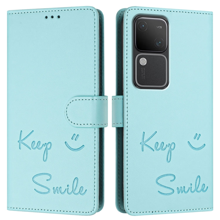 Smile Embossing RFID Leather Phone Case, For vivo V30 5G Global, For vivo V30 Pro 5G Global, For vivo V29E 5G Global, For vivo Y200 5G Global, For vivo V30 Lite 5G Global, For vivo X100 Pro 5G, For vivo X100, For vivo Y27S 4G Global