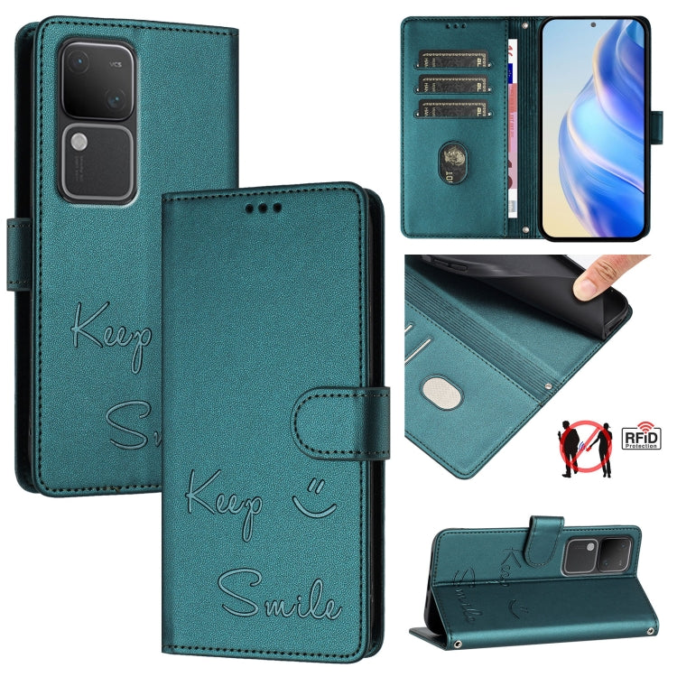 Smile Embossing RFID Leather Phone Case, For vivo V30 5G Global, For vivo V30 Pro 5G Global, For vivo V29E 5G Global, For vivo Y200 5G Global, For vivo V30 Lite 5G Global, For vivo X100 Pro 5G, For vivo X100, For vivo Y27S 4G Global