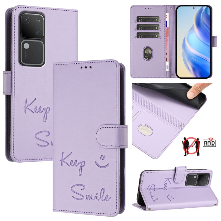 Smile Embossing RFID Leather Phone Case, For vivo V30 5G Global, For vivo V30 Pro 5G Global, For vivo V29E 5G Global, For vivo Y200 5G Global, For vivo V30 Lite 5G Global, For vivo X100 Pro 5G, For vivo X100, For vivo Y27S 4G Global