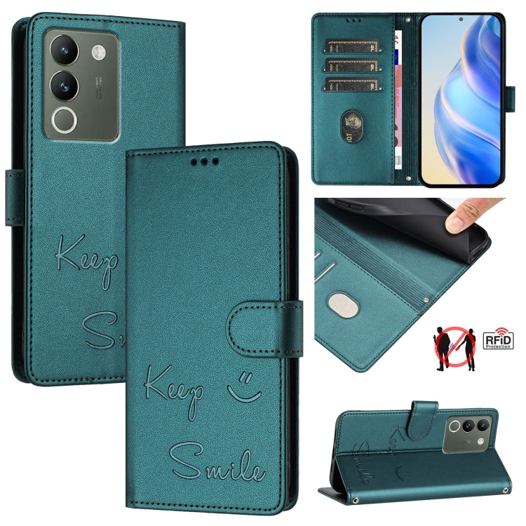Smile Embossing RFID Leather Phone Case, For vivo V30 5G Global, For vivo V30 Pro 5G Global, For vivo V29E 5G Global, For vivo Y200 5G Global, For vivo V30 Lite 5G Global, For vivo X100 Pro 5G, For vivo X100, For vivo Y27S 4G Global