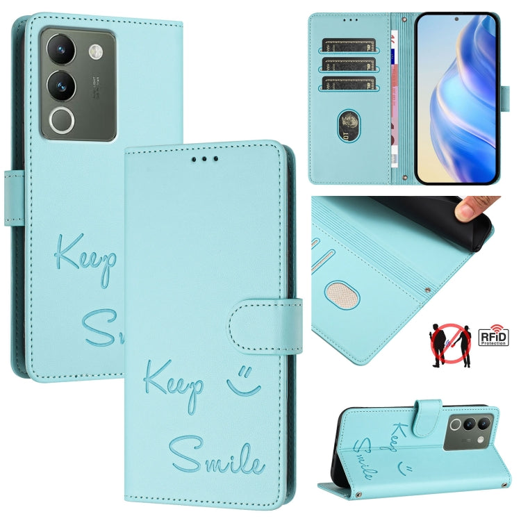 Smile Embossing RFID Leather Phone Case, For vivo V30 5G Global, For vivo V30 Pro 5G Global, For vivo V29E 5G Global, For vivo Y200 5G Global, For vivo V30 Lite 5G Global, For vivo X100 Pro 5G, For vivo X100, For vivo Y27S 4G Global