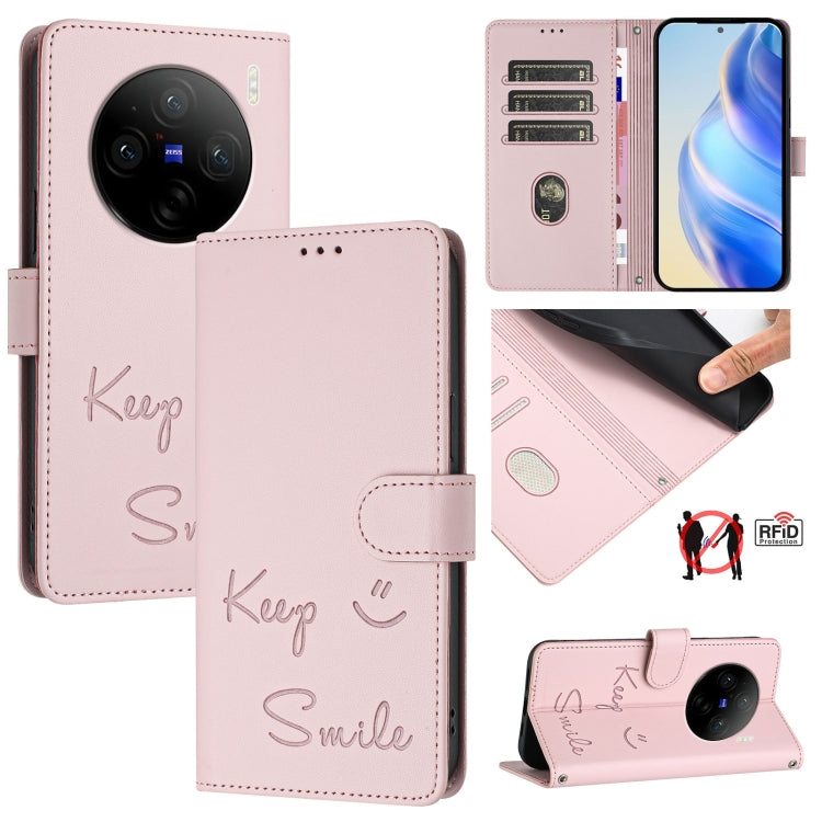 Smile Embossing RFID Leather Phone Case, For vivo V30 5G Global, For vivo V30 Pro 5G Global, For vivo V29E 5G Global, For vivo Y200 5G Global, For vivo V30 Lite 5G Global, For vivo X100 Pro 5G, For vivo X100, For vivo Y27S 4G Global