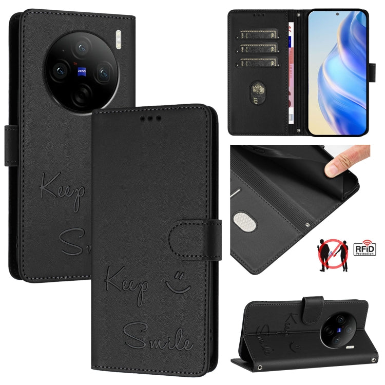 Smile Embossing RFID Leather Phone Case, For vivo V30 5G Global, For vivo V30 Pro 5G Global, For vivo V29E 5G Global, For vivo Y200 5G Global, For vivo V30 Lite 5G Global, For vivo X100 Pro 5G, For vivo X100, For vivo Y27S 4G Global