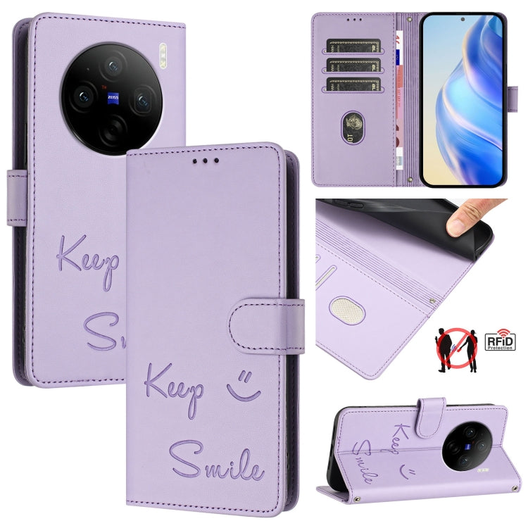 Smile Embossing RFID Leather Phone Case, For vivo V30 5G Global, For vivo V30 Pro 5G Global, For vivo V29E 5G Global, For vivo Y200 5G Global, For vivo V30 Lite 5G Global, For vivo X100 Pro 5G, For vivo X100, For vivo Y27S 4G Global