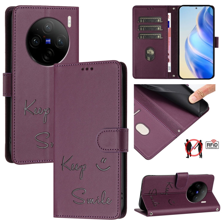 Smile Embossing RFID Leather Phone Case, For vivo V30 5G Global, For vivo V30 Pro 5G Global, For vivo V29E 5G Global, For vivo Y200 5G Global, For vivo V30 Lite 5G Global, For vivo X100 Pro 5G, For vivo X100, For vivo Y27S 4G Global
