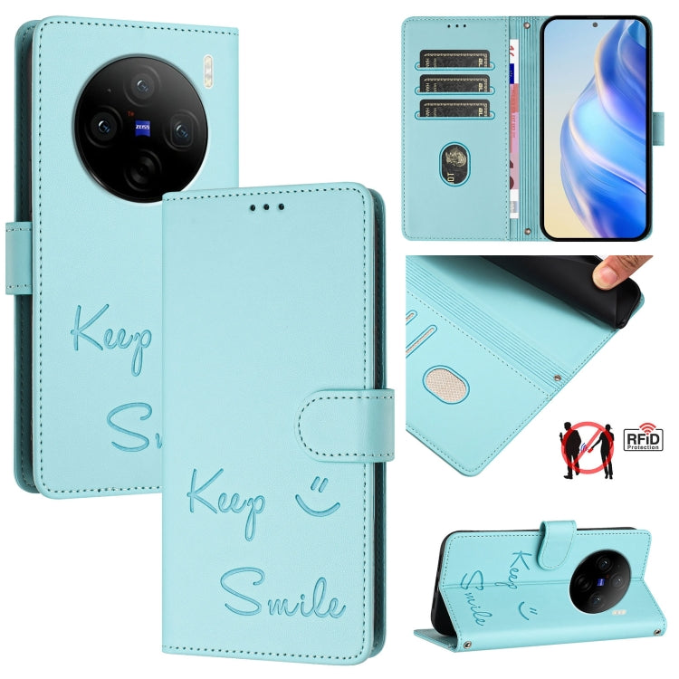 Smile Embossing RFID Leather Phone Case, For vivo V30 5G Global, For vivo V30 Pro 5G Global, For vivo V29E 5G Global, For vivo Y200 5G Global, For vivo V30 Lite 5G Global, For vivo X100 Pro 5G, For vivo X100, For vivo Y27S 4G Global