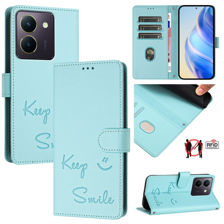 Smile Embossing RFID Leather Phone Case, For vivo V30 5G Global, For vivo V30 Pro 5G Global, For vivo V29E 5G Global, For vivo Y200 5G Global, For vivo V30 Lite 5G Global, For vivo X100 Pro 5G, For vivo X100, For vivo Y27S 4G Global