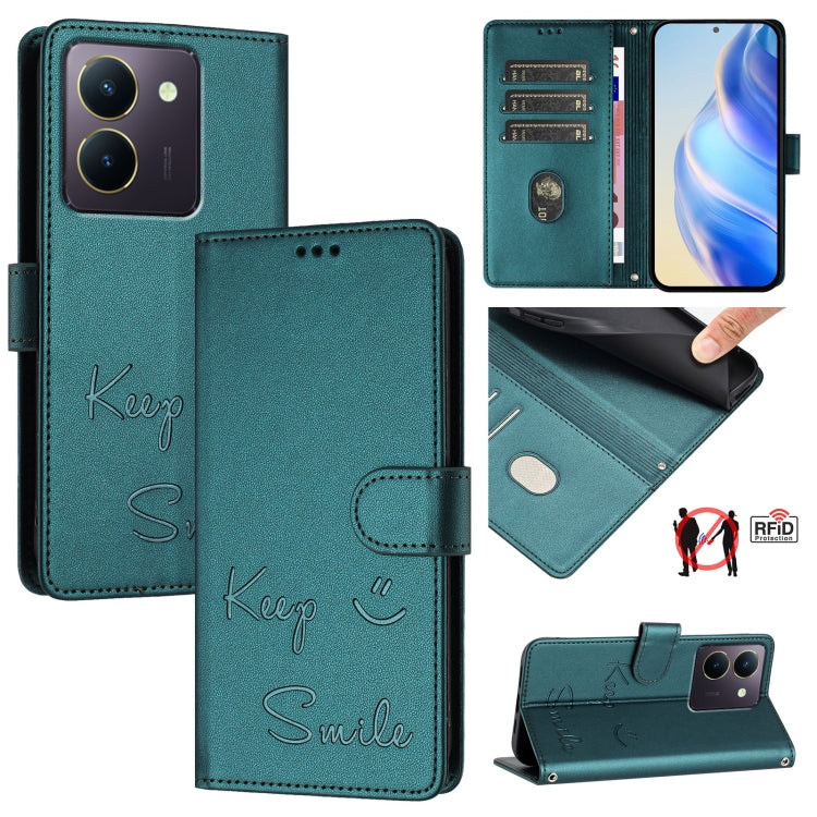 Smile Embossing RFID Leather Phone Case, For vivo V30 5G Global, For vivo V30 Pro 5G Global, For vivo V29E 5G Global, For vivo Y200 5G Global, For vivo V30 Lite 5G Global, For vivo X100 Pro 5G, For vivo X100, For vivo Y27S 4G Global