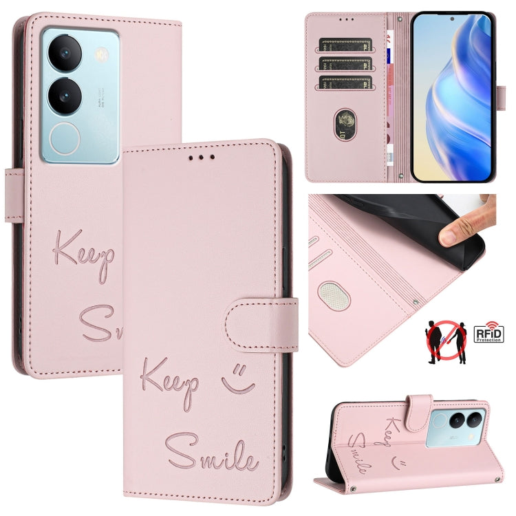 Smile Embossing RFID Leather Phone Case, For vivo V29 5G Global / V29 Pro, For vivo Y17S 4G Global, For vivo Y17S 5G India, For vivo Y02A 4G / Y02 4G, For vivo Y11 2023 / Y02T, For vivo Y36 4G India, For vivo Y36 5G Global, For vivo Y36 4G Global