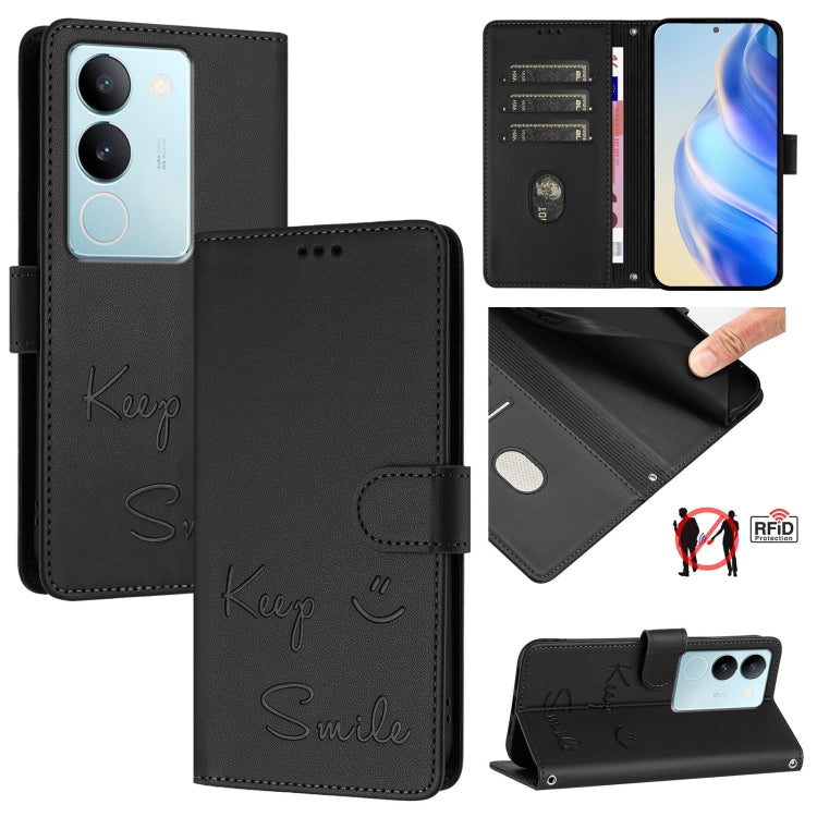 Smile Embossing RFID Leather Phone Case, For vivo V29 5G Global / V29 Pro, For vivo Y17S 4G Global, For vivo Y17S 5G India, For vivo Y02A 4G / Y02 4G, For vivo Y11 2023 / Y02T, For vivo Y36 4G India, For vivo Y36 5G Global, For vivo Y36 4G Global