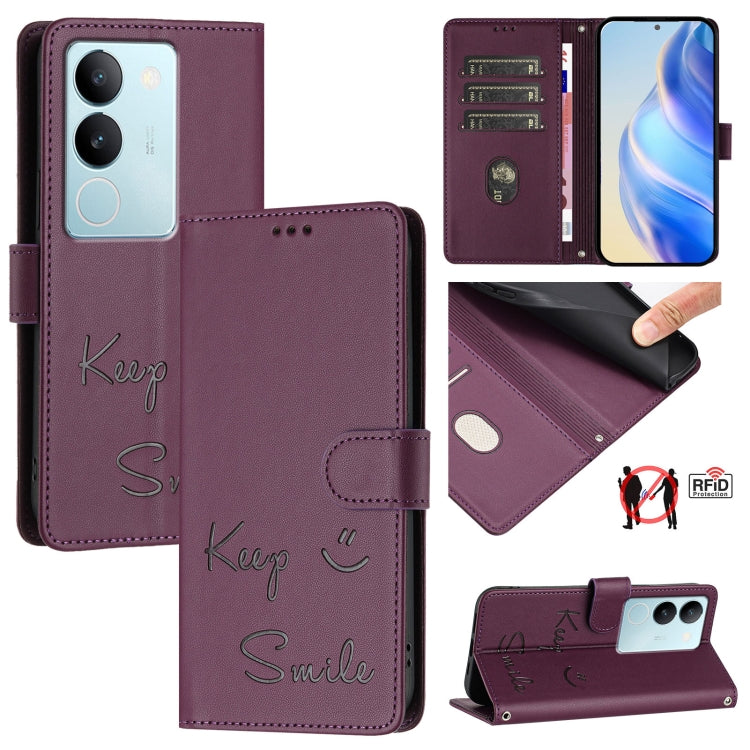 Smile Embossing RFID Leather Phone Case, For vivo V29 5G Global / V29 Pro, For vivo Y17S 4G Global, For vivo Y17S 5G India, For vivo Y02A 4G / Y02 4G, For vivo Y11 2023 / Y02T, For vivo Y36 4G India, For vivo Y36 5G Global, For vivo Y36 4G Global