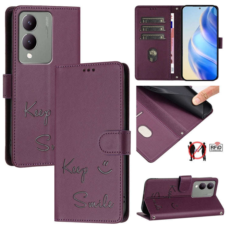 Smile Embossing RFID Leather Phone Case, For vivo V29 5G Global / V29 Pro, For vivo Y17S 4G Global, For vivo Y17S 5G India, For vivo Y02A 4G / Y02 4G, For vivo Y11 2023 / Y02T, For vivo Y36 4G India, For vivo Y36 5G Global, For vivo Y36 4G Global