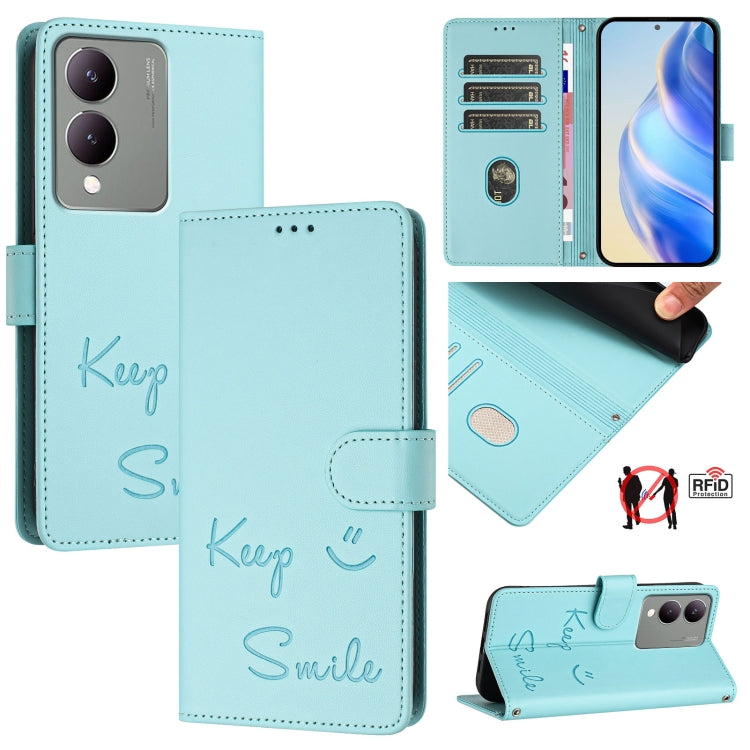Smile Embossing RFID Leather Phone Case, For vivo V29 5G Global / V29 Pro, For vivo Y17S 4G Global, For vivo Y17S 5G India, For vivo Y02A 4G / Y02 4G, For vivo Y11 2023 / Y02T, For vivo Y36 4G India, For vivo Y36 5G Global, For vivo Y36 4G Global